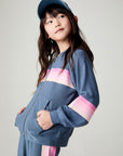 Full body front view of a girl wearing the Chaser Multi Stripes Girls Hoodie on a neutral background with hat