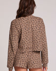 Back view of a woman wearing the Chaser Suzzans Leopard Sweatshirt on a neutral background with matching shorts
