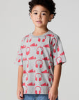 Front view of a boy wearing the Chaser Sneaks and Headphones Tee on a neutral background