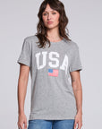 Chaser USA Flag Oversized Tee in Streaky Grey with oversized fit and vintage-inspired USA graphic paired with relaxed denim