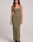 A full body front view of a woman wearing the Chaser Verze Forager Green on a neutral background