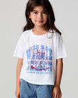 Front view of a girl wearing the Chaser Willie Nelson Cowgirl Tee on a neutral background