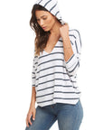 Blue and white striped 3/4 sleeve knit hoodie with side slits and relaxed fit.