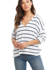 Blue and white striped 3/4 sleeve knit hoodie with side slits and relaxed fit.