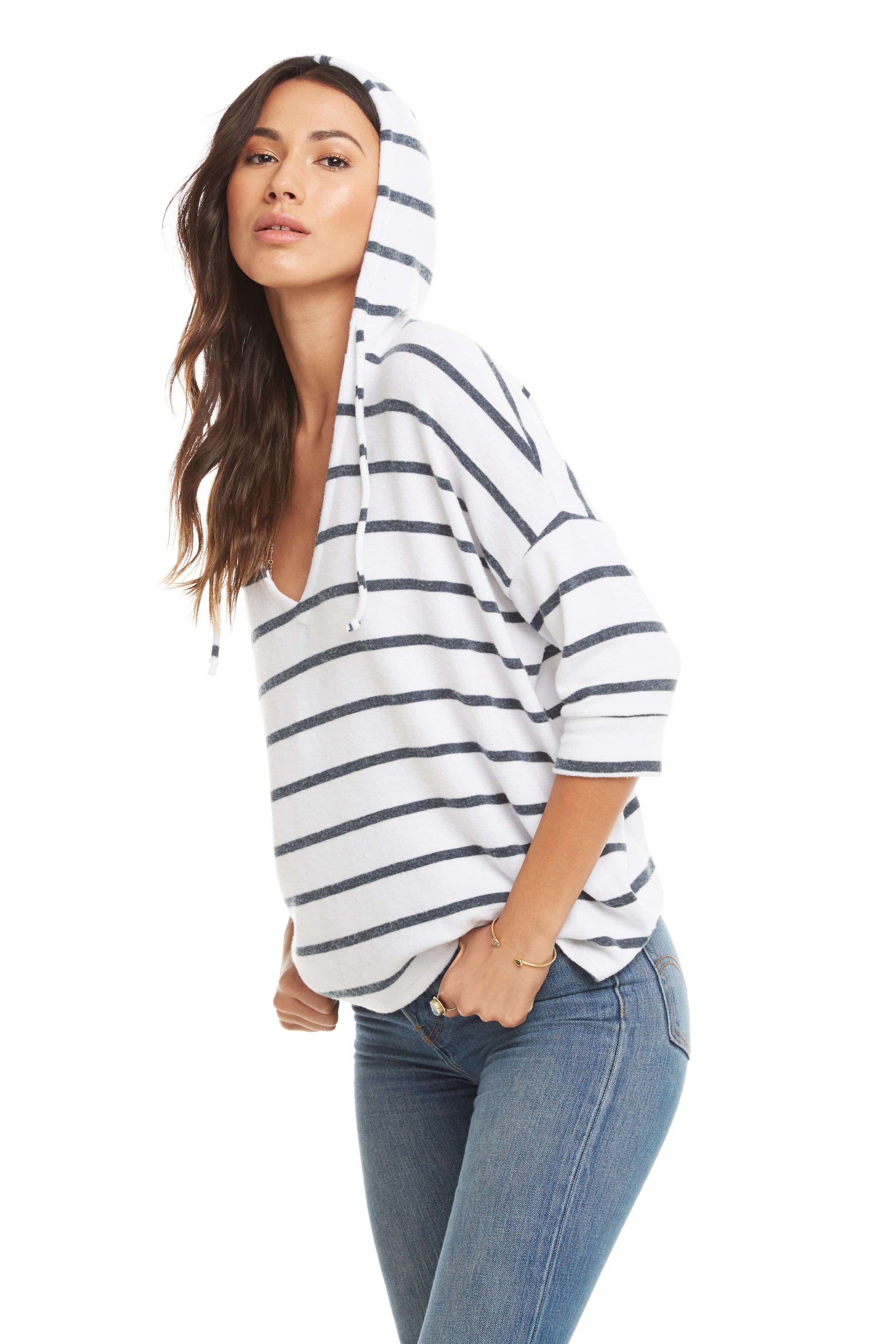 Blue and white striped 3/4 sleeve knit hoodie with side slits and relaxed fit.