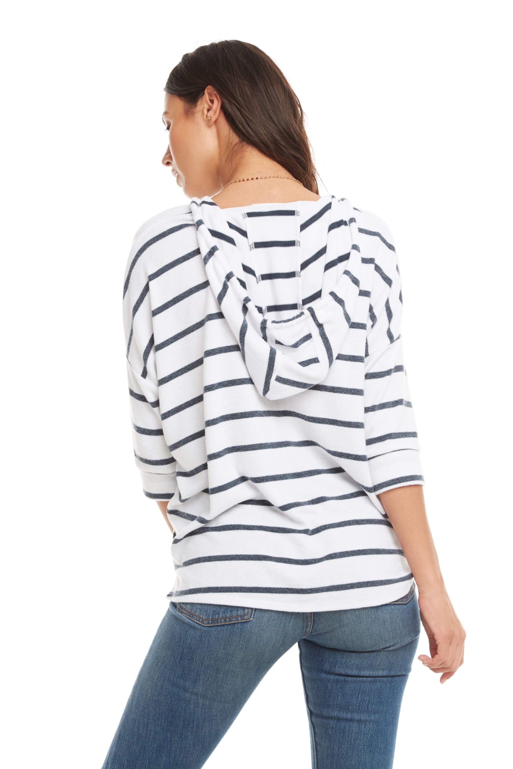 Blue and white striped 3/4 sleeve knit hoodie with side slits and relaxed fit.