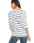 Blue and white striped 3/4 sleeve knit hoodie with side slits and relaxed fit.