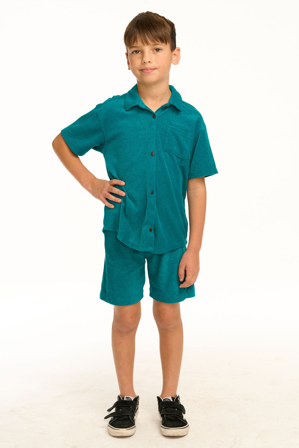Boy&#39;s Lake Green Terry Cloth Button Down Collared Shirt BOYS chaserbrand