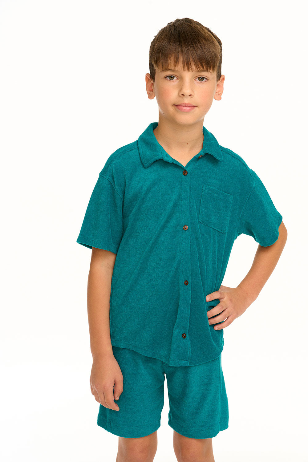 Boy&#39;s Lake Green Terry Cloth Button Down Collared Shirt BOYS chaserbrand