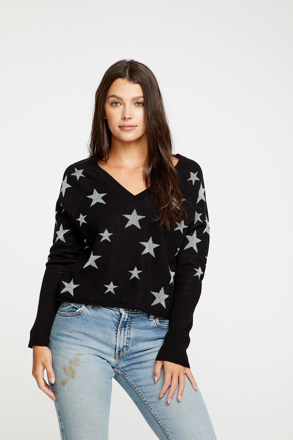 Star Intarsia V-Neck Raglan Pullover WOMENS - chaserbrand