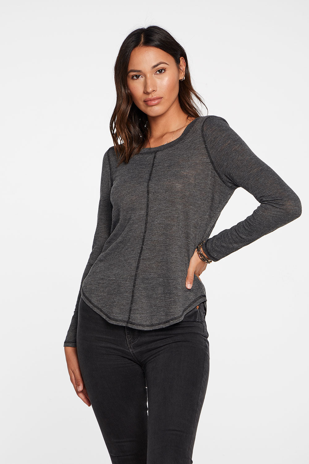 Slub Jersey Long Sleeve Seamed Tee in True Black WOMENS - chaserbrand