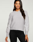 RPET Cozy Knit Mixed Poplin Blouson Sleeve Pullover WOMENS - chaserbrand