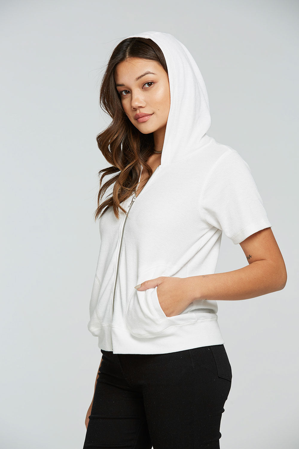 Linen Rib Short Sleeve Zip Up Hoodie