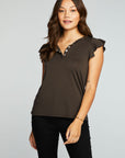 Recycled Vintage Jersey Flutter Sleeve Snap Front Henley WOMENS chaserbrand