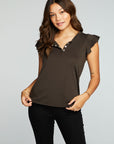 Recycled Vintage Jersey Flutter Sleeve Snap Front Henley WOMENS chaserbrand