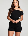 Recycled Cozy Rib Off The Shouder Ruffle Smocked Shorts Romper WOMENS chaserbrand