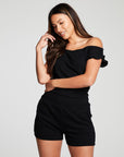 Recycled Cozy Rib Off The Shouder Ruffle Smocked Shorts Romper WOMENS chaserbrand