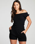 Recycled Cozy Rib Off The Shouder Ruffle Smocked Shorts Romper WOMENS chaserbrand