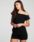 Recycled Cozy Rib Off The Shouder Ruffle Smocked Shorts Romper WOMENS chaserbrand