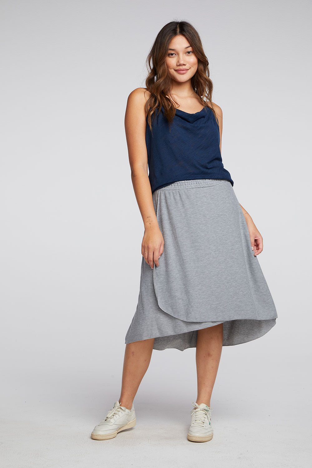 Recycled Cozy Knit Smocked Hi Lo Circular Flounce Midi Skirt WOMENS chaserbrand