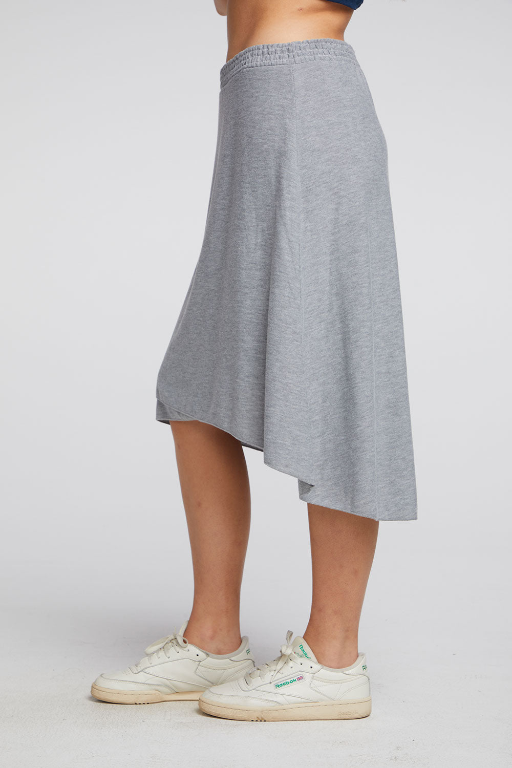 Recycled Cozy Knit Smocked Hi Lo Circular Flounce Midi Skirt WOMENS chaserbrand