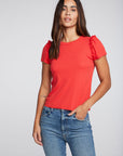 Linen Rib Raw Edge Ruffle Puff Sleeve Tee WOMENS chaserbrand