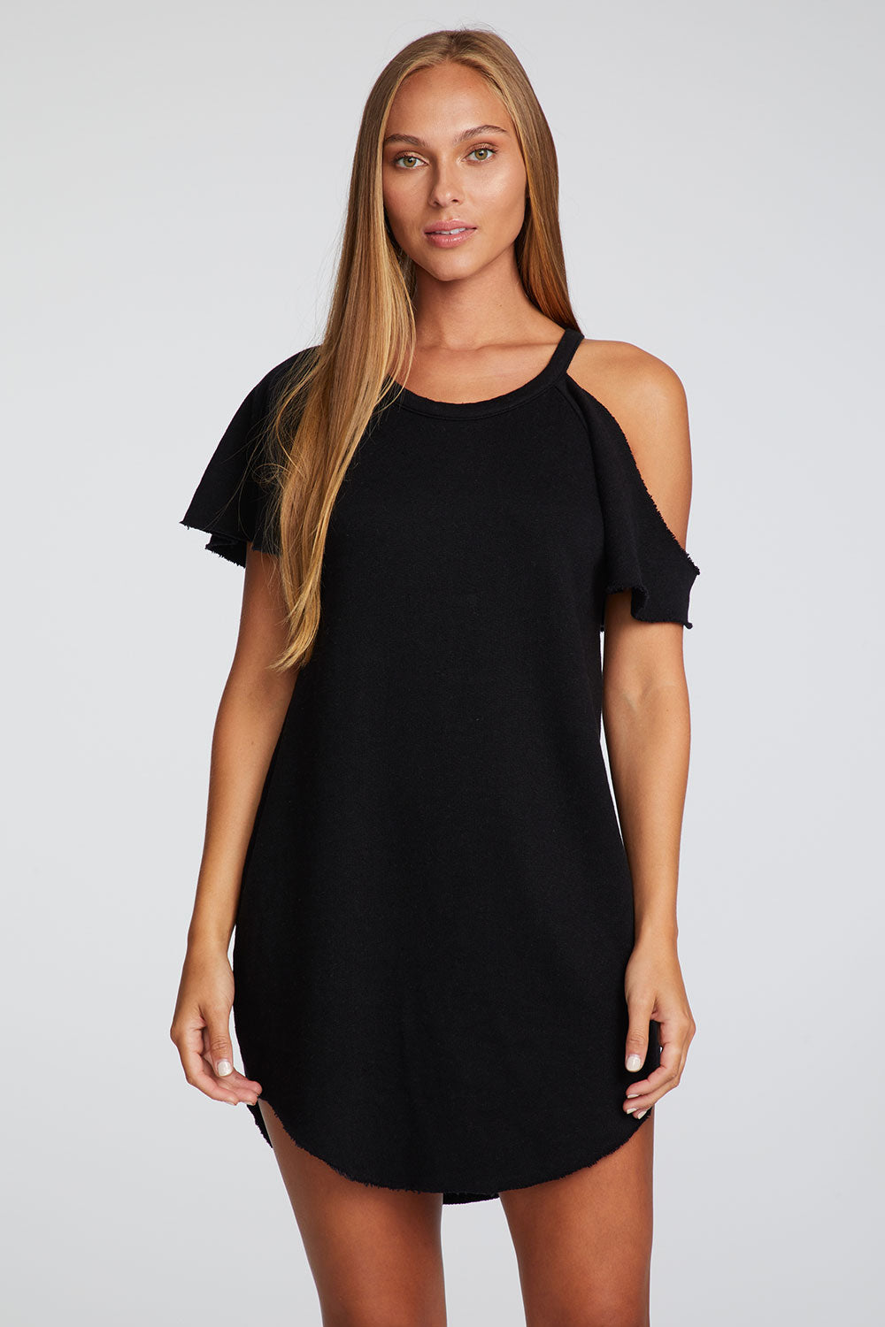 Linen French Terry Vented Flutter Sleeve Hi Lo Shirttail Dress WOMENS chaserbrand
