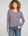 Cropped Boxy Long Sleeve Henley With Side Slits WOMENS chaserbrand