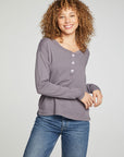 Cropped Boxy Long Sleeve Henley With Side Slits WOMENS chaserbrand