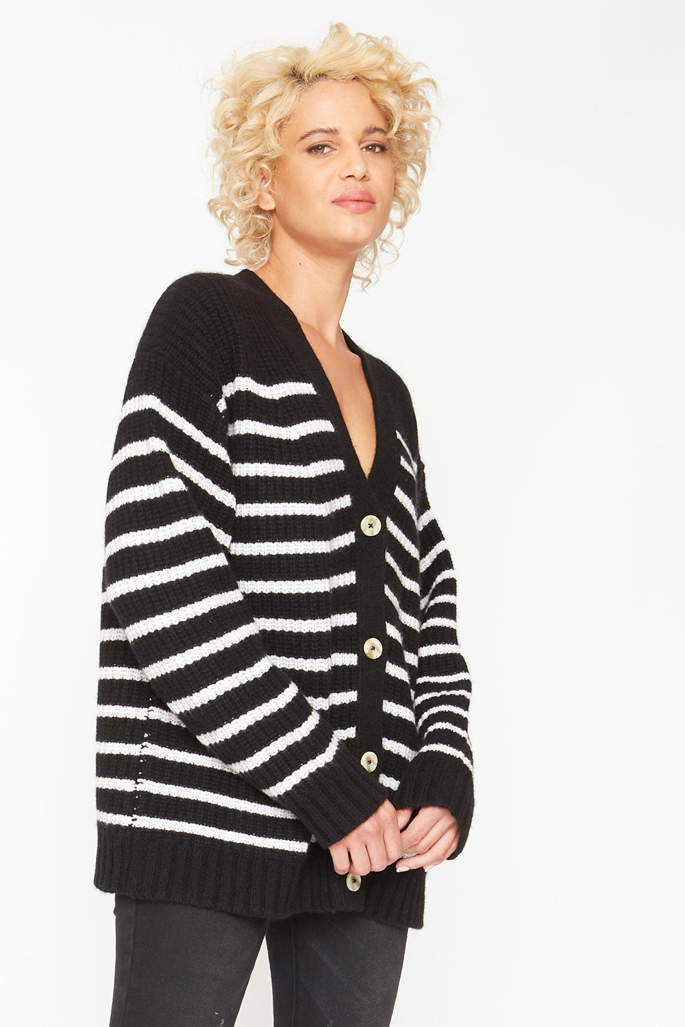 Grandpa Cardigan Sweater - Black and White Stripe WOMENS chaserbrand