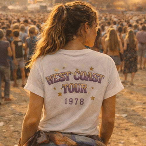 Grateful Dead West Coast Tour 1978 Tee back print women’s white licensed band collaboration shirt styled at a vintage outdoor music festival with sunset stage and crowd