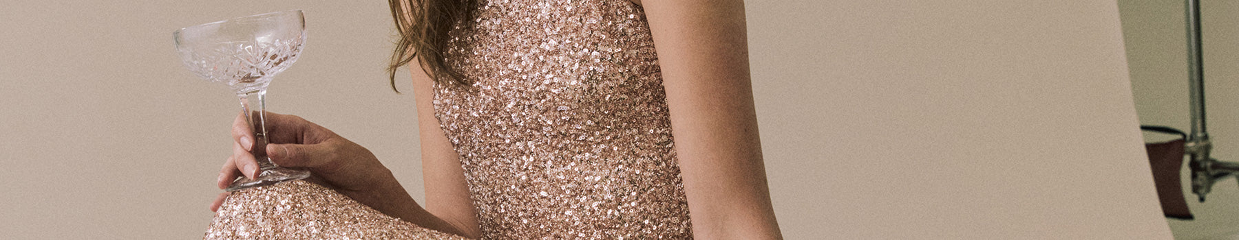 Side angle of Chaser holiday party dress showing shimmer and champagne glass