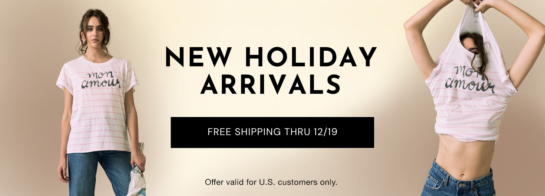 Model wearing Chaser's Mon Amour t-shirt, promotional banner for new holiday arrivals and free shipping