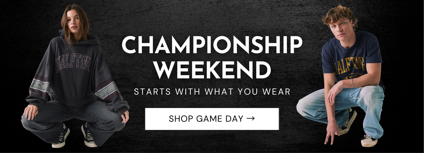 Shop the Game Day Collection featuring football-inspired graphics, cozy layers, and laid-back fits built for championship weekend through the Super Bowl