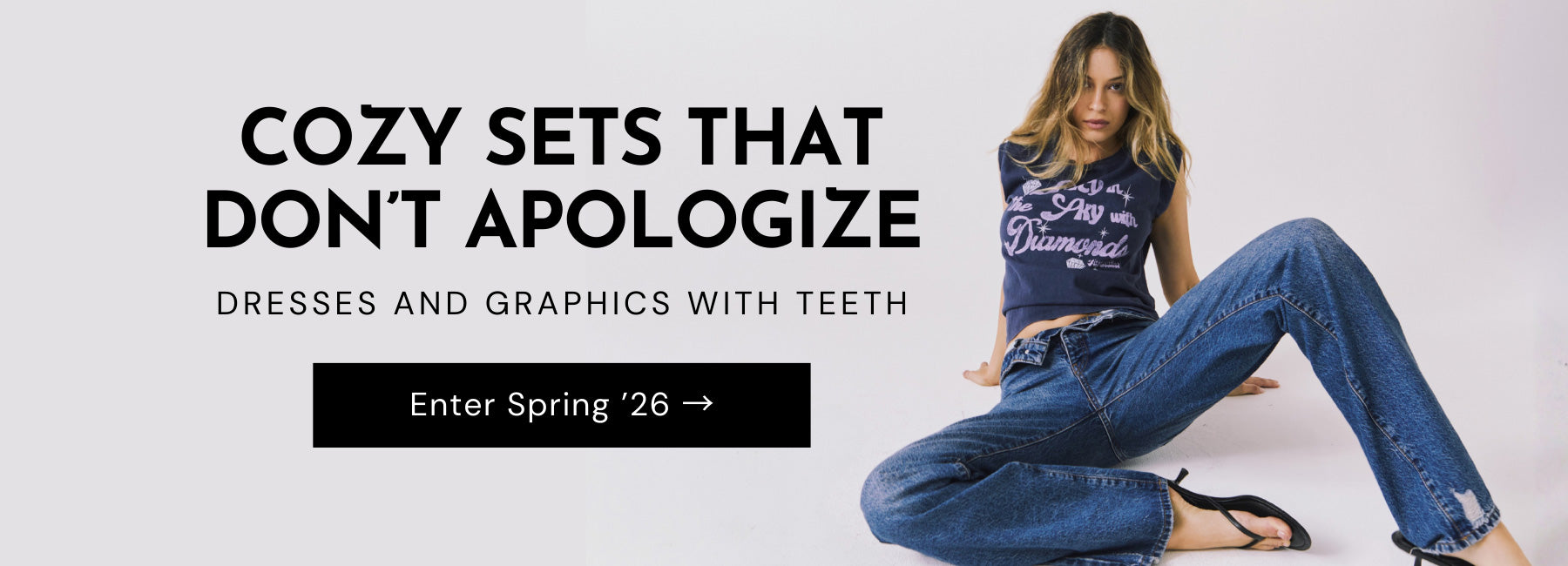 Chaser Spring 2026 womens collection featuring cozy matching sets, sleek dresses, and bold graphic styles styled with effortless attitude