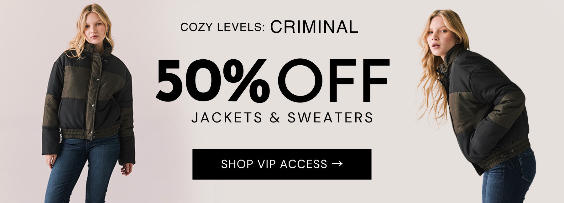 Model wearing  Chaser jacket with promotional text for 50% off jackets and sweaters