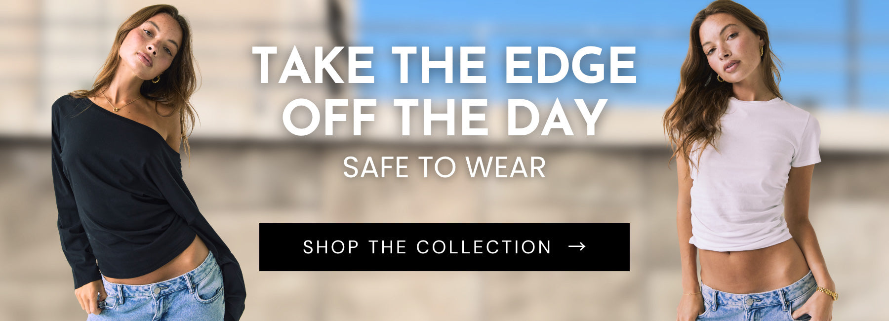 Two women modeling clothing with promotional text and call to action.