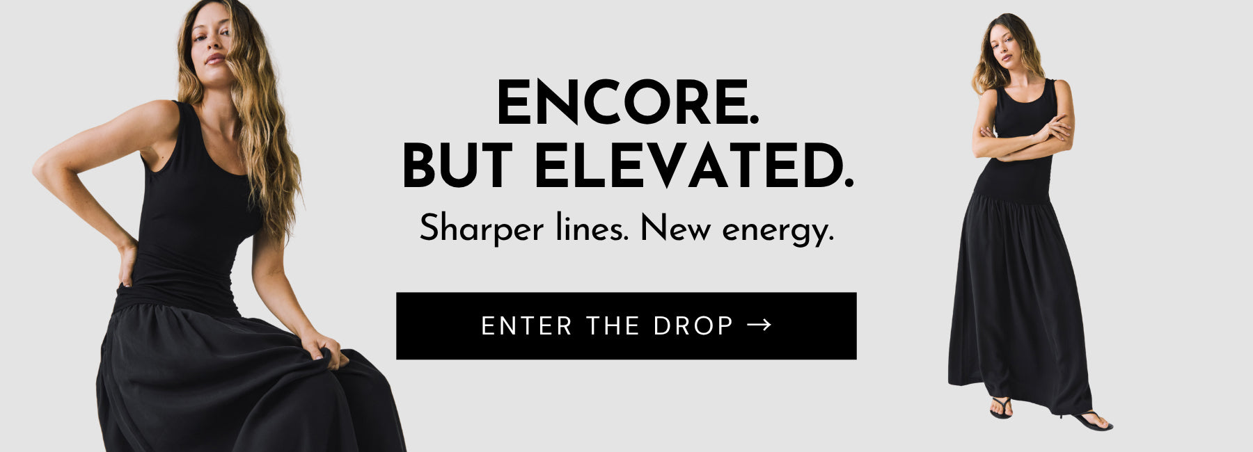 Woman wearing a black dress with promotional text on a white background