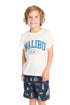 Front view of Chaser Kids Malibu CA Tee in Vintage White featuring bold collegiate-style blue Malibu lettering