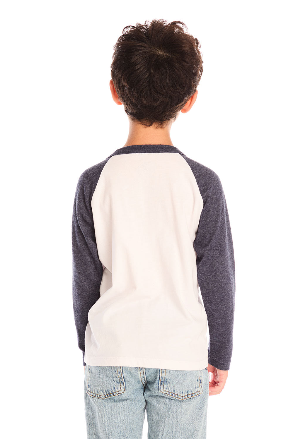 Back view of boy wearing Chaser’s Lightning Bolt henley long sleeve top in dark fabric with plain back against a white background