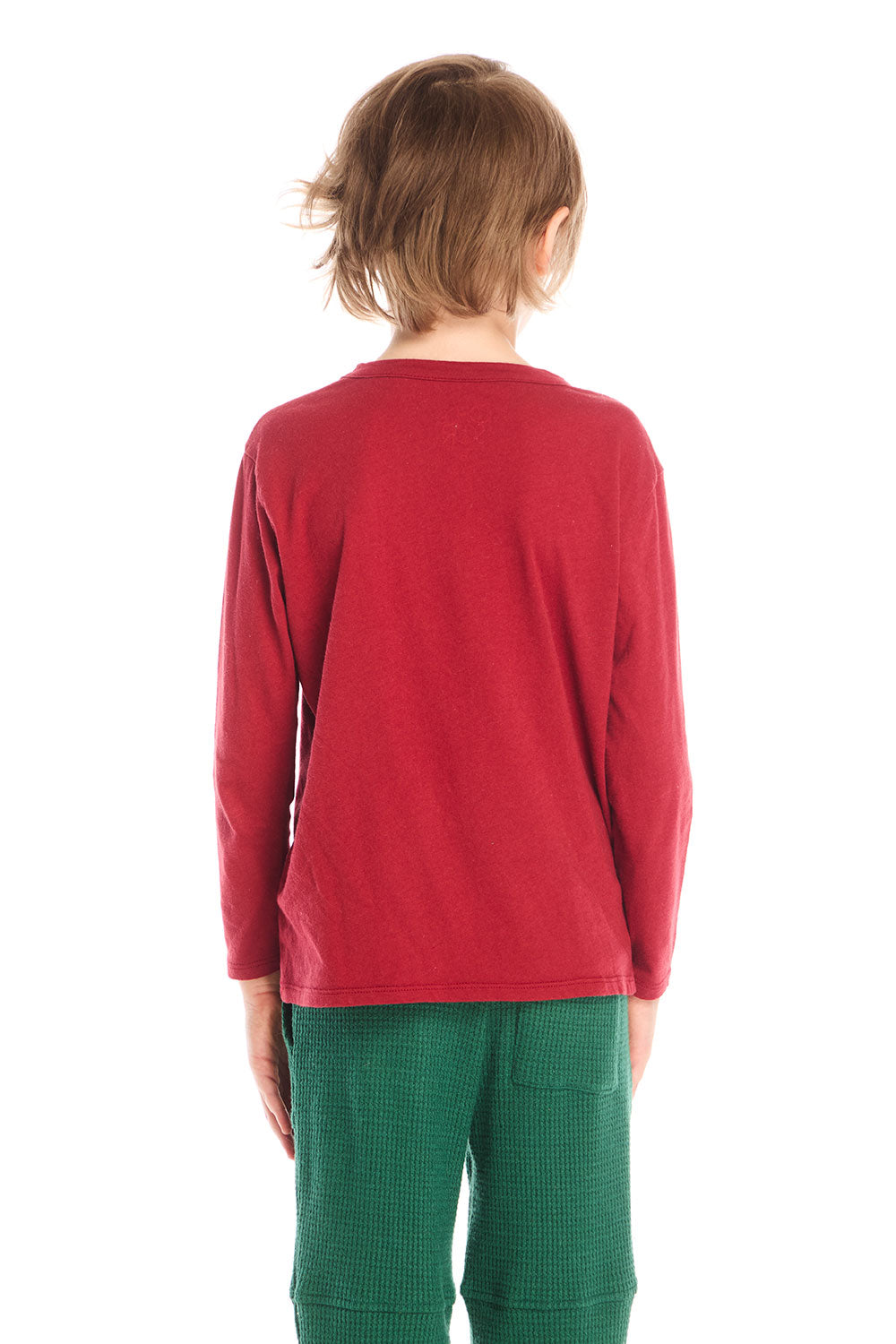 Back view of boy wearing Chaser’s Ski Club red pullover long sleeve on a white background