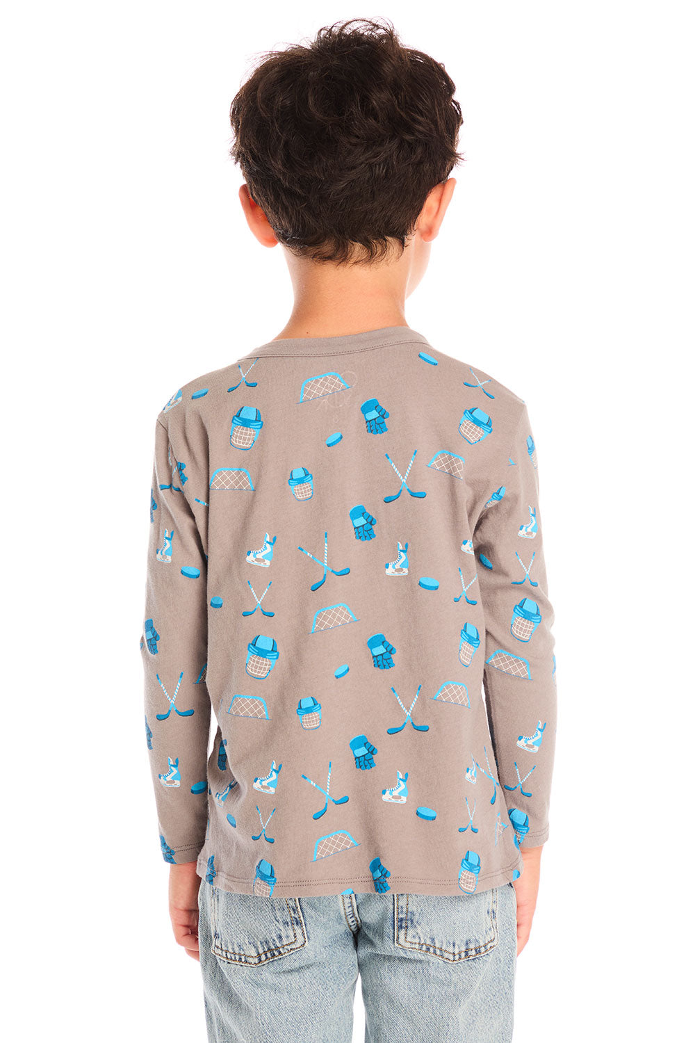Back view of boy wearing Chaser’s Hockey Champ patterned long-sleeve top against a white background