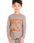 Front view of boy wearing Chaser’s Hold Your Horses dark grey long sleeve with brown rodeo text and cowboy graphic against a white background