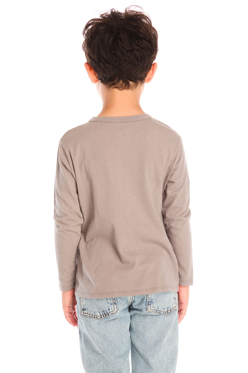 Back view of boy wearing Chaser’s Hold Your Horses dark grey long sleeve against a white background