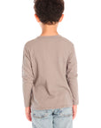 Back view of boy wearing Chaser’s Hold Your Horses dark grey long sleeve against a white background