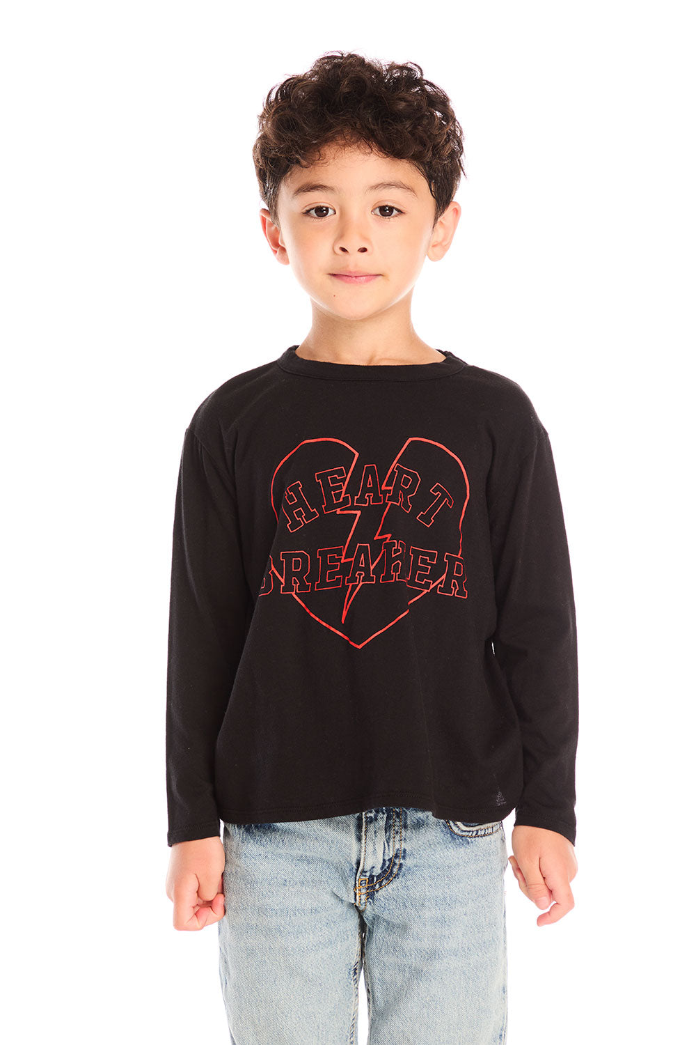 Boy wearing Chaser’s Heartbreaker black long-sleeve shirt with red text and broken heart graphic on a white background