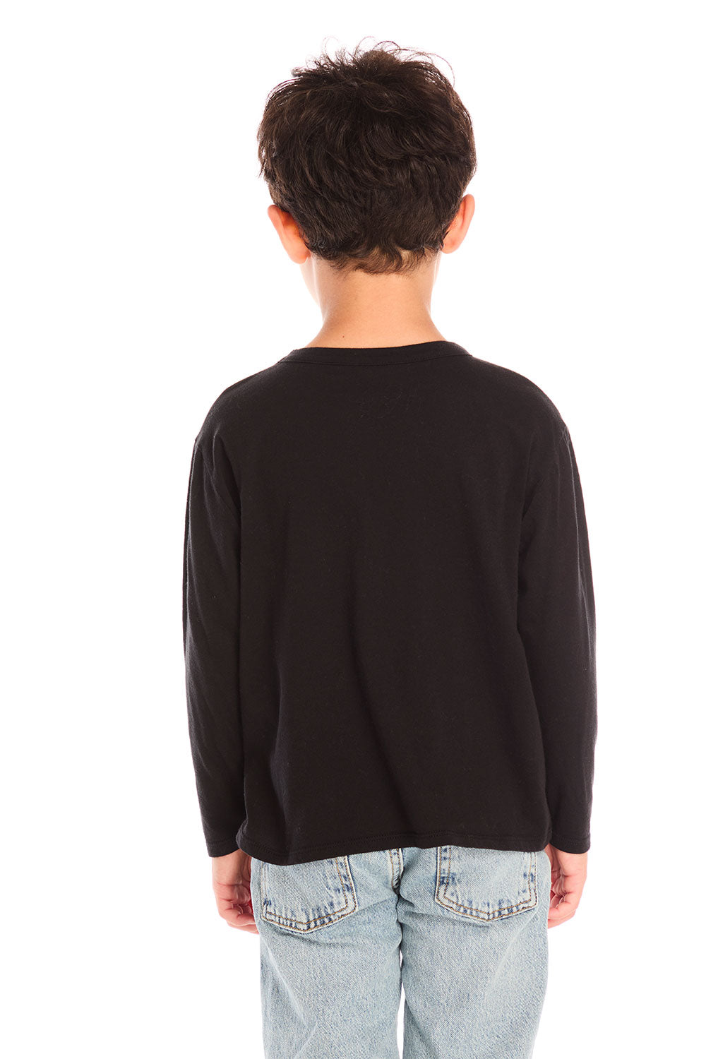 Back view of boy wearing Chaser’s Heartbreaker black long-sleeve shirt on a white background