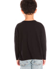 Back view of boy wearing Chaser’s Heartbreaker black long-sleeve shirt on a white background