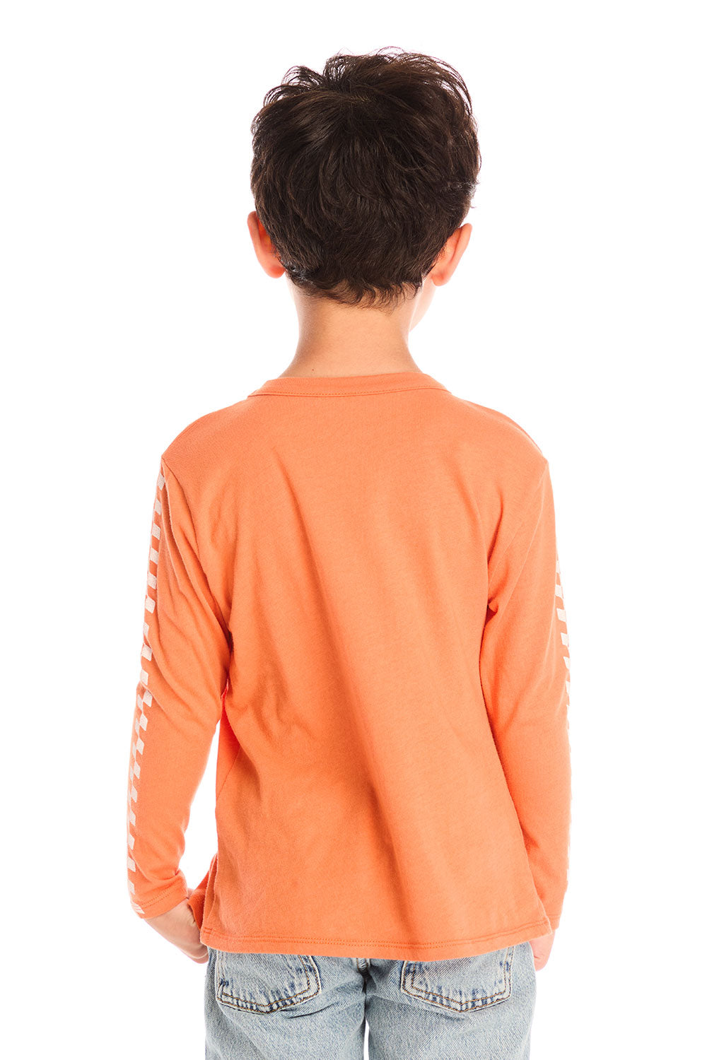 Back view of boy wearing Chaser’s Raceway Speed orange long-sleeve top on a white background