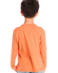 Back view of boy wearing Chaser’s Raceway Speed orange long-sleeve top on a white background